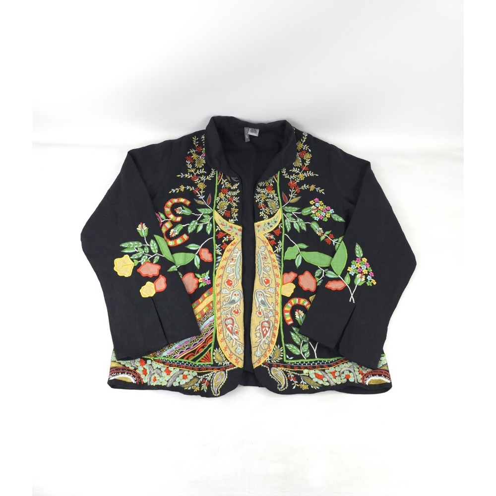 Anu Size Small Black Embroidered Linen Jacket Open Front Colorful Boho